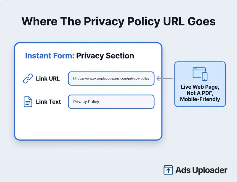 Diagram titled "Where the privacy policy URL goes" showing the instant form Privacy section with a Link URL field filled in with an example privacy-policy web address and a Link Text field set to "Privacy Policy," alongside a callout reminding that the link must point to a live web page, not a PDF, and be mobile-friendly.