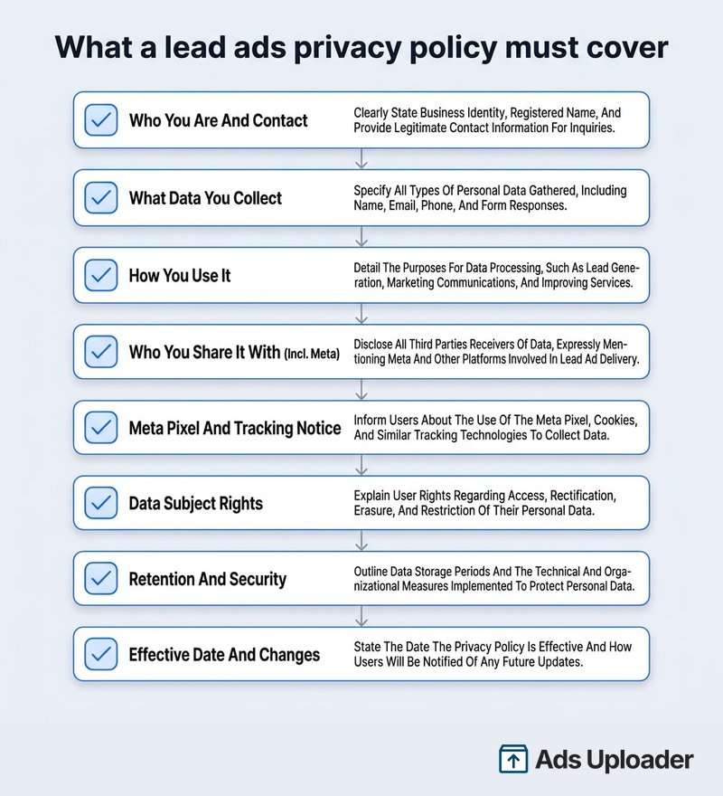 Vertical checklist infographic titled "What a lead ads privacy policy must cover" listing the eight required clauses in blue checkbox rows from top to bottom: who you are and contact, what data you collect, how you use it, who you share it with including Meta, the Meta Pixel and tracking notice, data subject rights, retention and security, and effective date and changes, each with a short one-line explanation of what that section must disclose.