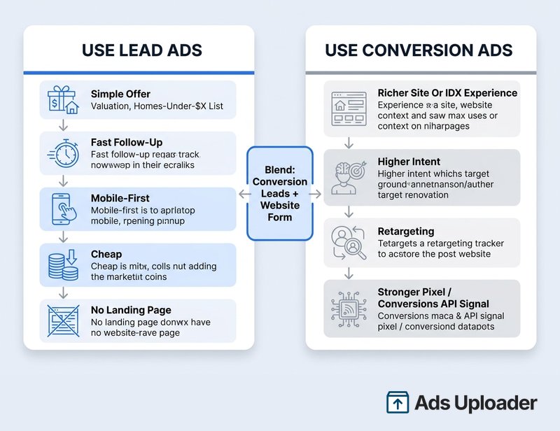 Decision infographic weighing lead ads against conversion ads for real estate agents, with the lead ads column favoring a simple offer such as a valuation or homes-under-a-price list, fast follow-up, a mobile-first flow, cheap leads, and no landing page, the conversion ads column favoring a richer site or IDX experience, higher intent, retargeting, and stronger pixel and Conversions API signal, and a center node suggesting a blended Conversion Leads plus website form approach.