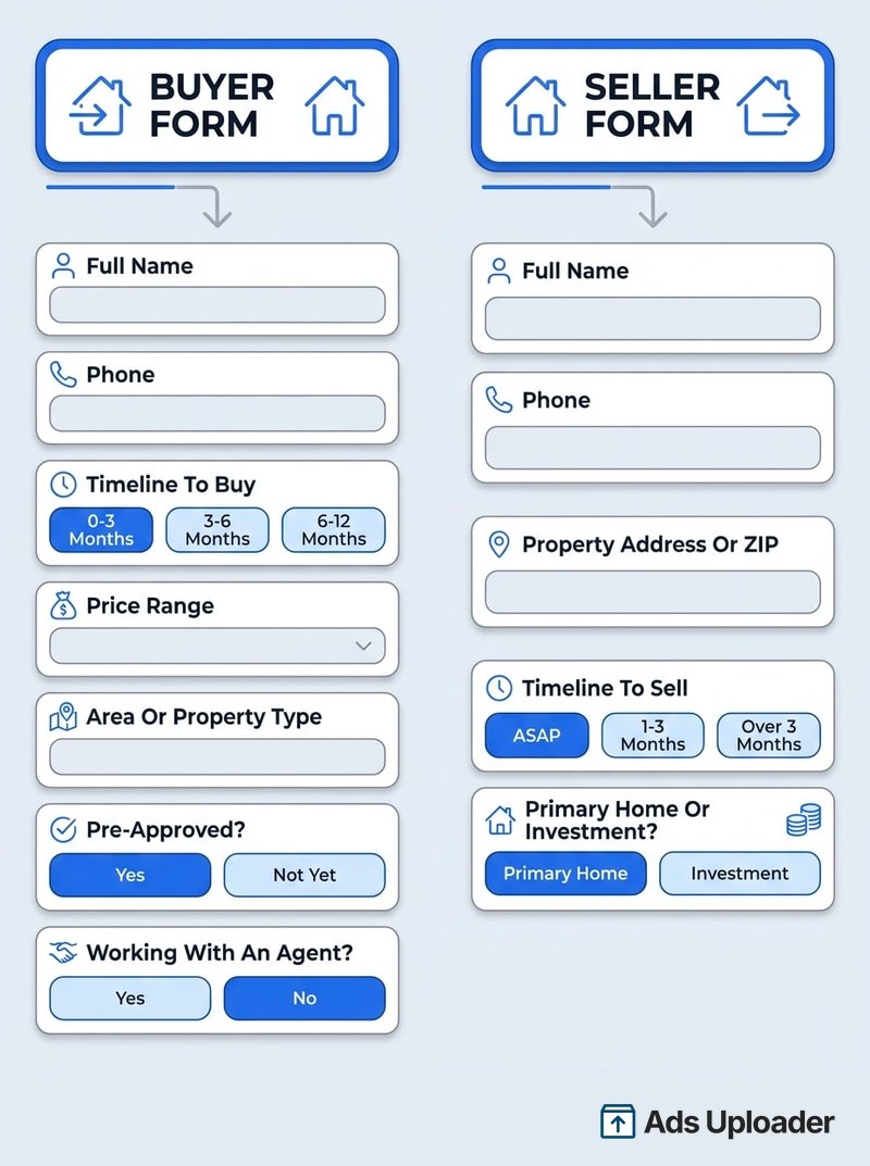 Side-by-side infographic comparing a real estate buyer lead form and a seller lead form, with the buyer form collecting full name, phone, timeline to buy (0-3, 3-6, 6-12 months), price range, area or property type, pre-approval status, and whether they are already working with an agent, while the seller form collects full name, phone, property address or ZIP, timeline to sell (ASAP, 1-3 months, over 3 months), and whether the property is a primary home or investment.