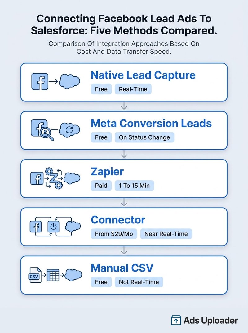 Vertical comparison chart titled "Connecting Facebook Lead Ads to Salesforce: Five Methods Compared" stacking each integration approach by cost and data transfer speed, showing Native Lead Capture as free and real-time, Meta Conversion Leads as free and triggered on status change, Zapier as paid with a 1 to 15 minute polling delay, a Connector from $29 per month at near real-time, and Manual CSV as free but not real-time.