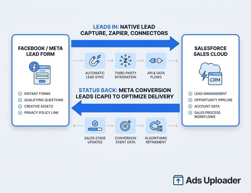 Diagram showing the two-way connection between a Facebook/Meta lead form and Salesforce Sales Cloud, with the top arrow labeled "Leads in" flowing rightward through automatic lead sync, third-party integration, and API and data flows into Sales Cloud lead management and opportunity pipelines, and the bottom arrow labeled "Status back" flowing leftward sending Meta conversion leads via CAPI through sales stage updates, conversion event data, and algorithmic refinement to optimize delivery.