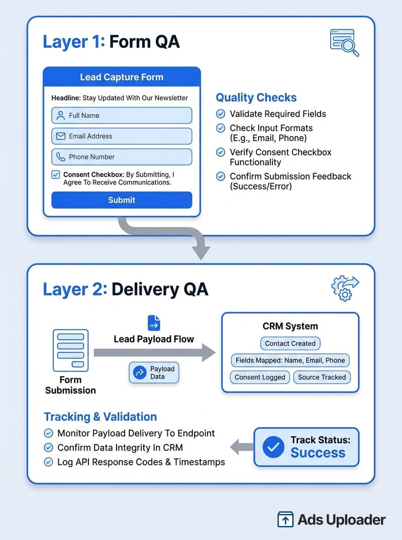 Two-layer diagram contrasting the two kinds of pre-launch lead form QA, with Layer 1 Form QA at the top showing a sample lead capture form with full name, email, phone, and a consent checkbox alongside quality checks for required fields, input formats, consent functionality, and submission feedback, and Layer 2 Delivery QA below tracing the lead payload flow from form submission into a CRM system where the contact is created, fields are mapped, consent is logged, and source is tracked, with tracking and validation steps monitoring payload delivery, confirming data integrity, and logging API response codes to confirm a Success status.