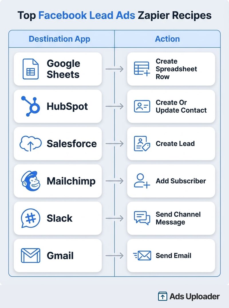 Two-column table of top Facebook Lead Ads Zapier recipes pairing each destination app with its matching action event: Google Sheets with Create Spreadsheet Row, HubSpot with Create Or Update Contact, Salesforce with Create Lead, Mailchimp with Add Subscriber, Slack with Send Channel Message, and Gmail with Send Email.
