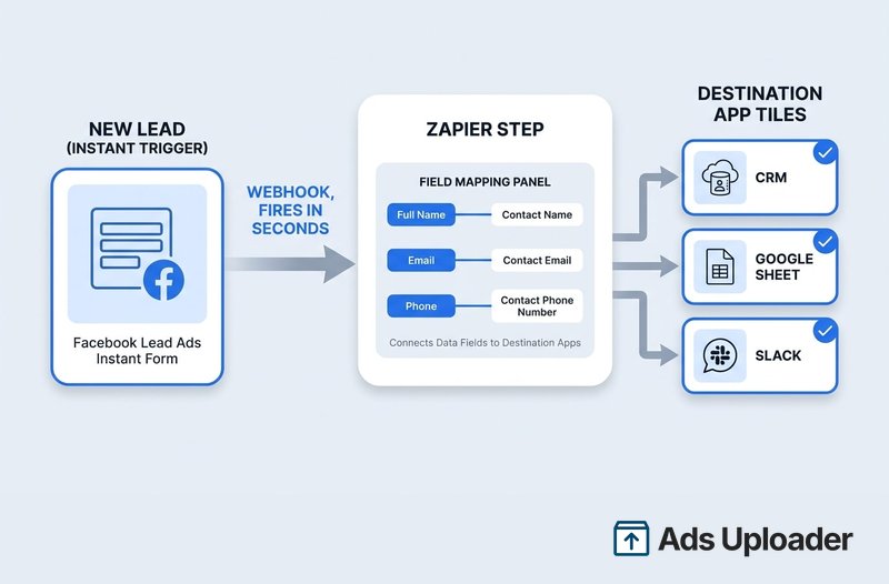 Infographic showing the Facebook Lead Ads New Lead instant trigger pushing a submitted Instant Form over a webhook that fires in seconds into a central Zapier step, where a field mapping panel connects Full Name, Email, and Phone to Contact Name, Contact Email, and Contact Phone Number before fanning out to destination app tiles for CRM, Google Sheet, and Slack.