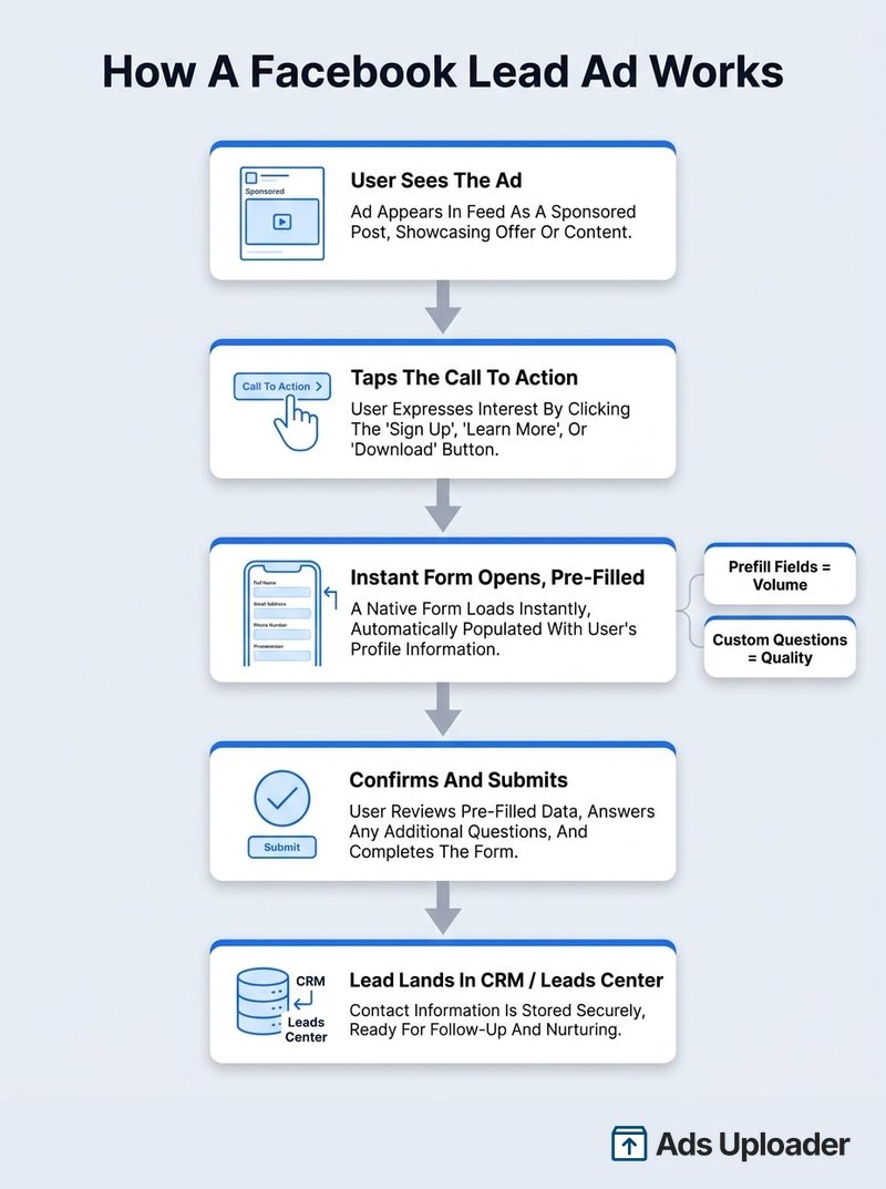 Infographic showing the Facebook lead ads flow from ad impression to lead capture: user taps the ad, a pre-filled instant form opens inside Facebook or Instagram, the user confirms details and submits, and the lead syncs to a CRM or Leads Center, with prefill fields labelled as volume and custom questions labelled as quality
