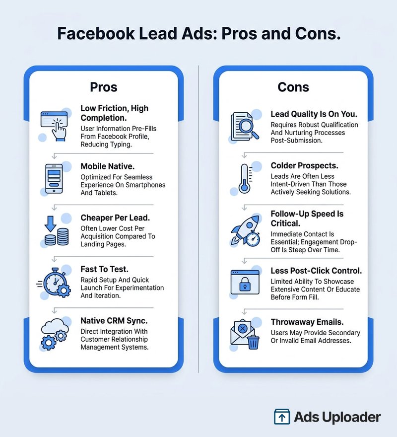 Infographic comparing Facebook lead ads pros and cons side by side: pros listed as low friction and high completion, mobile native, lower cost per lead, fast offer testing, and native CRM sync, against cons listed as lead quality risk, colder prospects, follow-up speed dependency, less post-click control, and throwaway emails