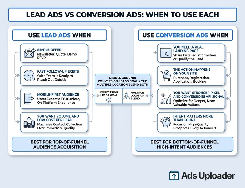 Infographic decision guide for Facebook lead ads versus conversion ads, with a left column listing when to use lead ads (simple offer, fast follow-up, mobile-first audience, volume and low cost per lead) and a right column listing when to use conversion ads (landing page needed, on-site action, stronger pixel and CAPI signal, higher intent over count), and a centre note that Conversion Leads and the Multiple location blend both
