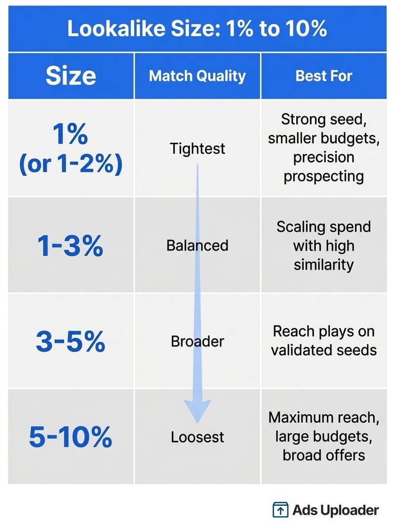 Decision table mapping Facebook lookalike audience size from 1% to 10% to match quality and the best use case for each band.