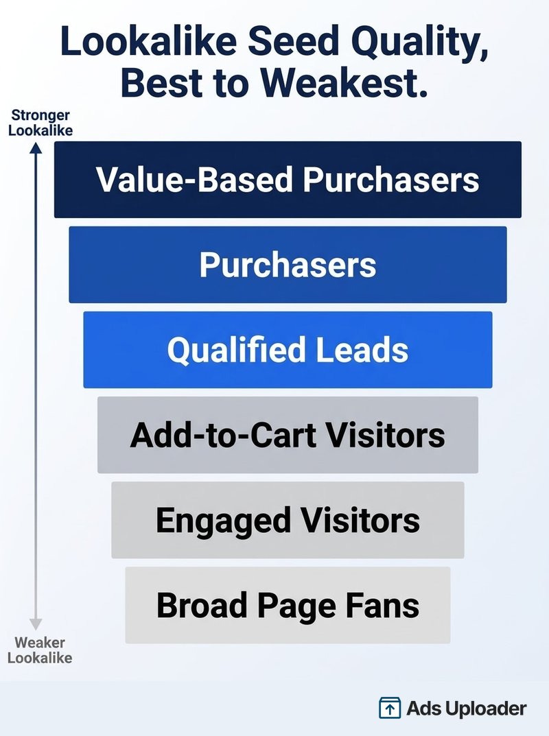 Ranked hierarchy of Facebook lookalike seed sources from strongest, value-based purchasers, to weakest, broad page fans.