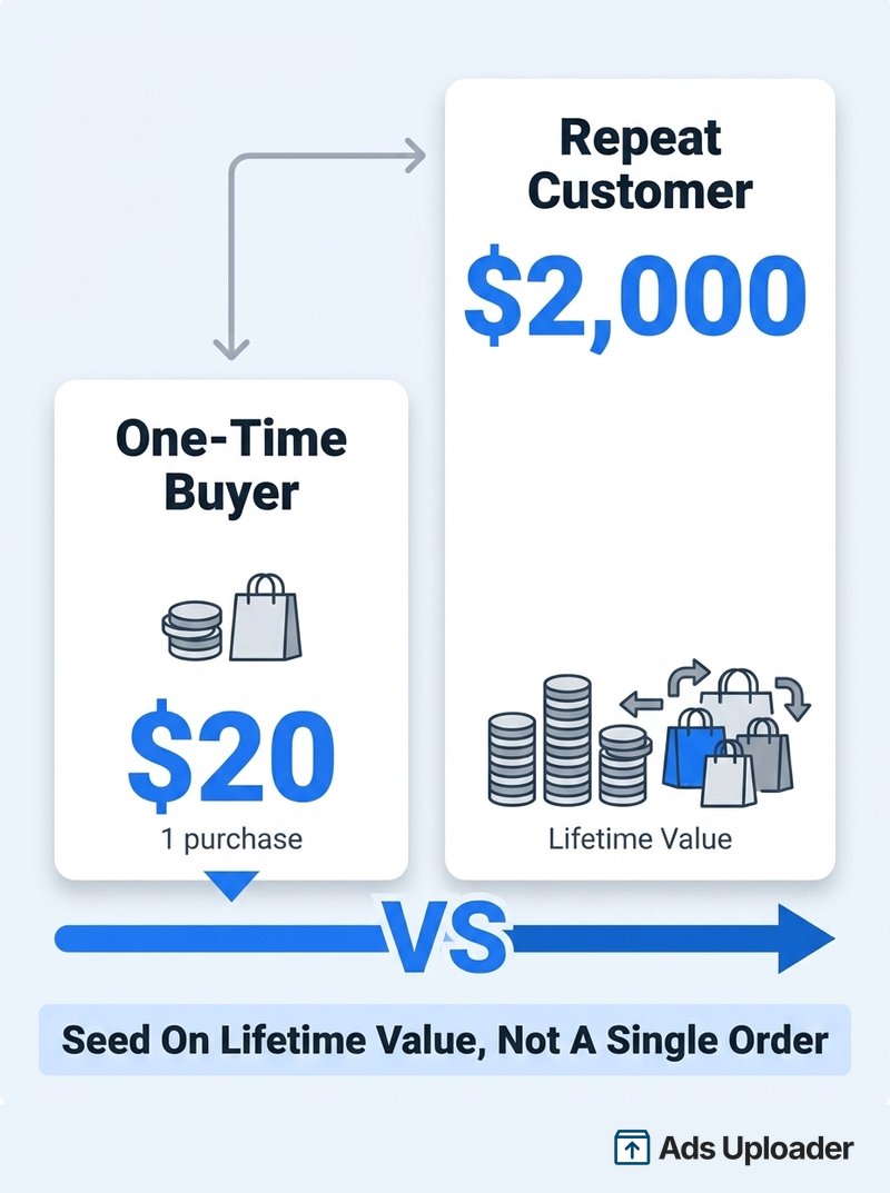 Comparison graphic contrasting a one-time twenty dollar buyer with a two thousand dollar lifetime-value repeat customer, showing lifetime value is the stronger seed signal.