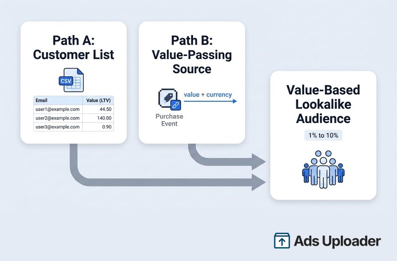 Diagram showing two ways to seed a Meta value-based lookalike audience: a customer list with a value column, or a pixel event that passes purchase value, both feeding one lookalike.