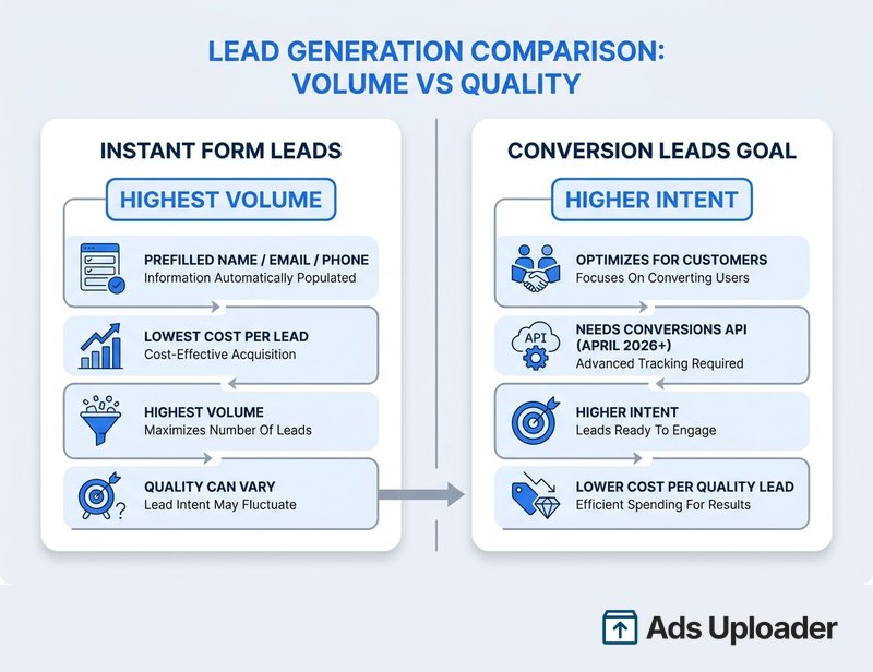 Infographic comparing lead generation by volume versus quality, with instant form leads on the left labeled highest volume (prefilled name, email and phone, lowest cost per lead, highest volume, but lead quality can vary) and the conversion leads goal on the right labeled higher intent (optimizes for customers, needs Conversions API as of April 2026, higher intent leads ready to engage, and lower cost per quality lead)