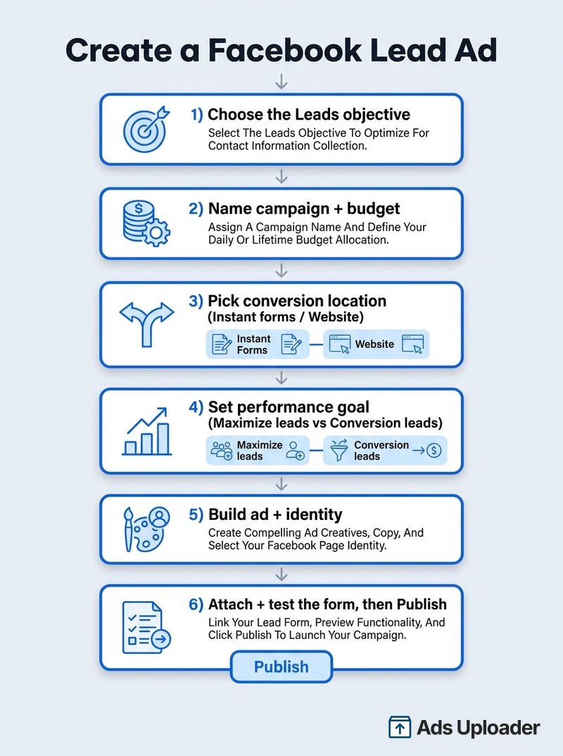 Infographic titled Create a Facebook Lead Ad showing the six-step setup flow in order: choose the Leads objective to optimize for contact collection, name the campaign and set the budget, pick a conversion location between instant forms and website, set the performance goal between maximize leads and conversion leads, build the ad creative and select the Facebook Page identity, then attach and test the lead form before clicking Publish