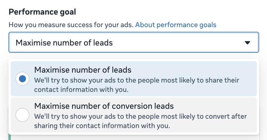 Ads Manager Performance goal dropdown expanded under the Leads objective, showing the two options: Maximise number of leads (selected) described as showing ads to people most likely to share their contact information, and Maximise number of conversion leads, described as people most likely to convert after sharing their contact information