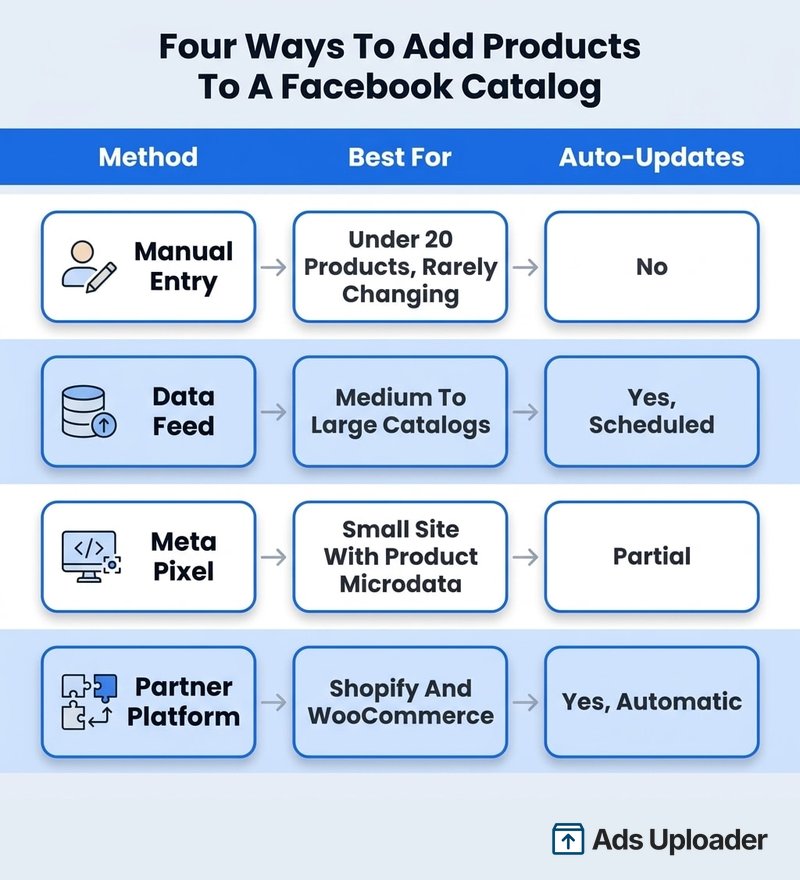 Comparison table of four ways to add products to a Facebook catalog: manual, data feed, Meta Pixel, and partner platform.