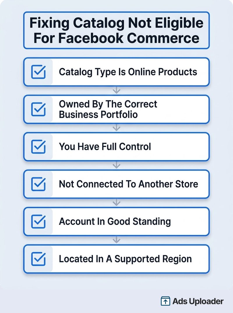 Six-item checklist for fixing the selected catalog is not eligible for Facebook commerce error, from catalog type to region.