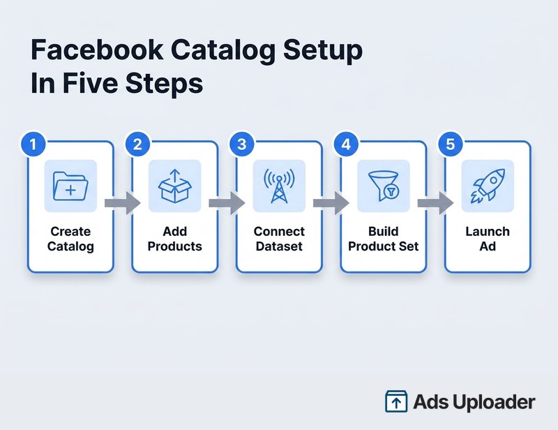 Five-step Facebook catalog setup flow: create catalog, add products, connect dataset, build product set, launch ad.