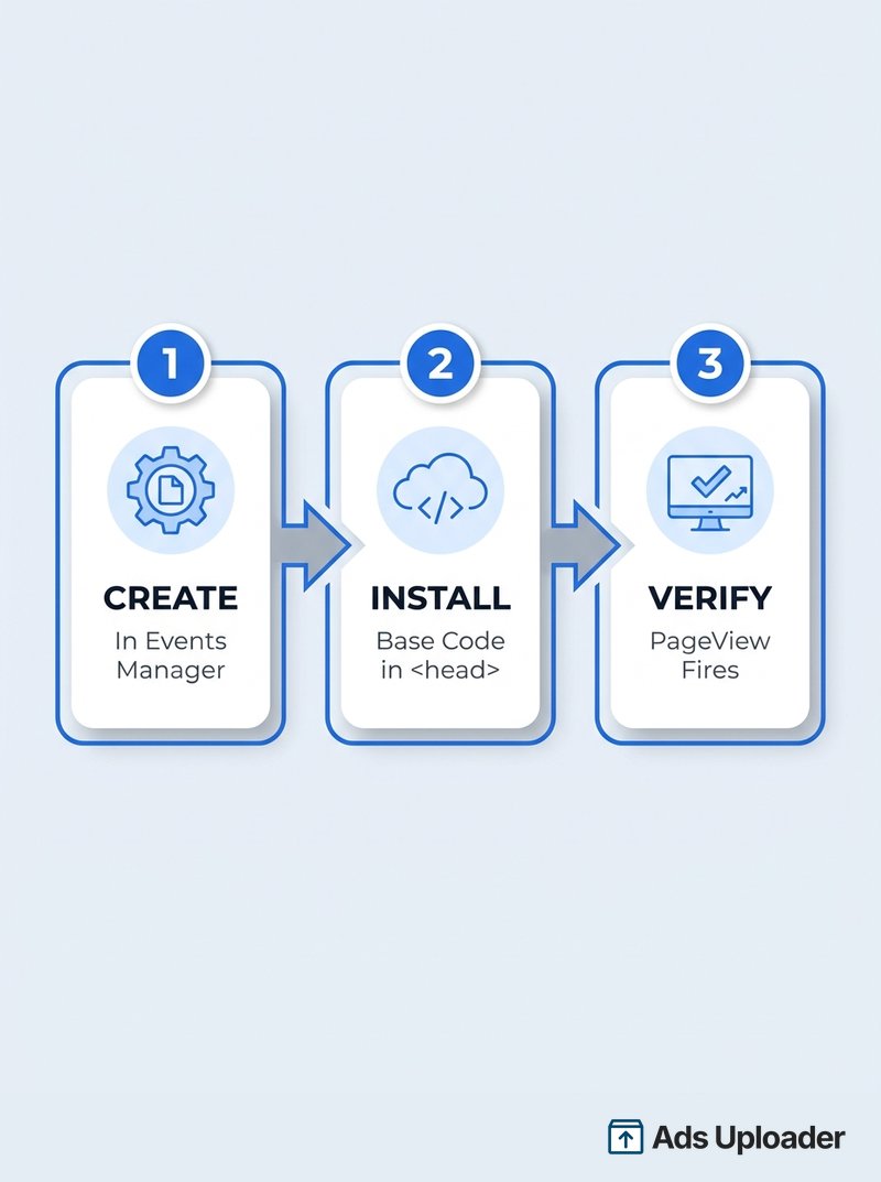 Three-step Meta Pixel setup flow showing how to create the pixel in Events Manager, install the base code, then verify a PageView fires.