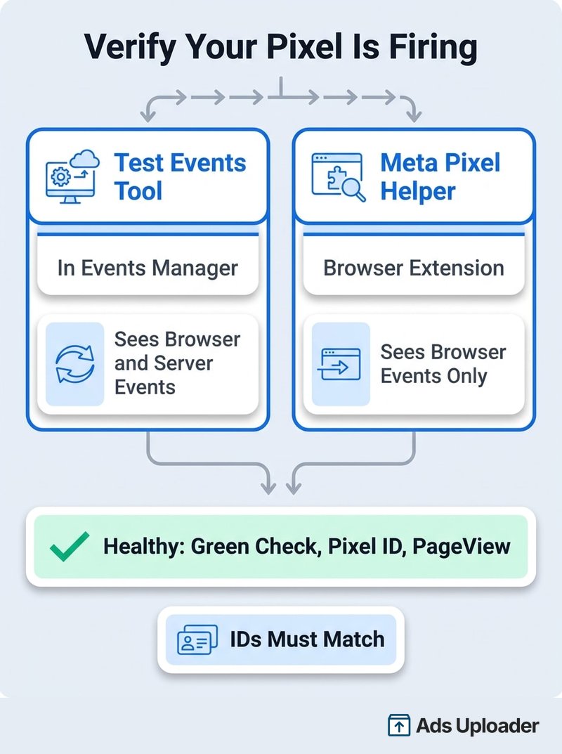 Verification checklist comparing the Test Events tool and Meta Pixel Helper, with a healthy result showing a green check, the Pixel ID, and a fired PageView event.