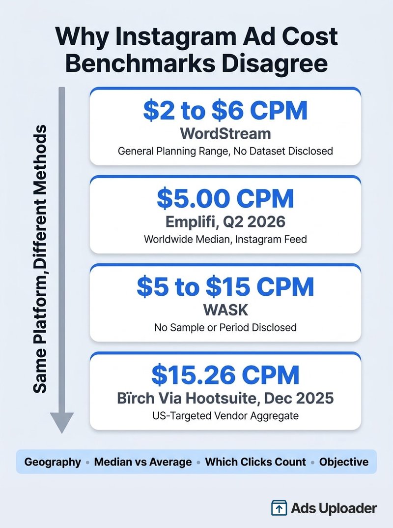 Comparison of published Instagram ad cost benchmarks showing CPM ranging from $2 to $15.26 across four sources with different methodologies