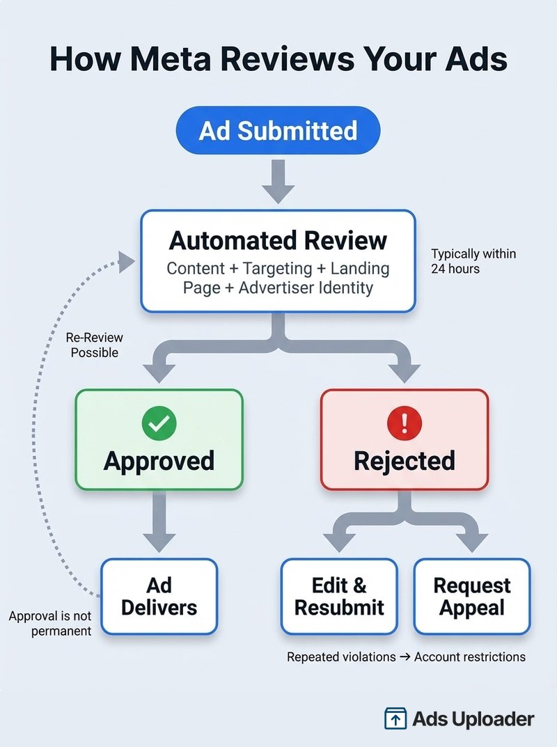 Flowchart showing Meta's ad review process from submission through automated review to approval or rejection, with re-review possible after delivery
