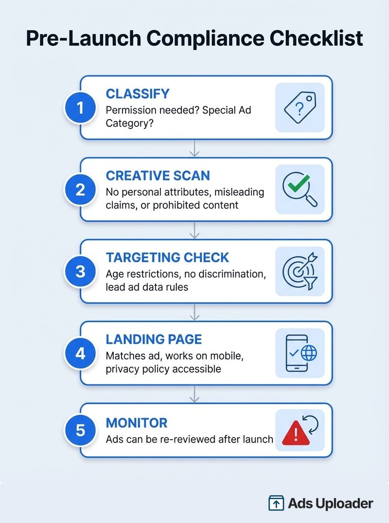 Five-step Meta ad compliance checklist covering classification, creative scan, targeting check, landing page verification, and monitoring