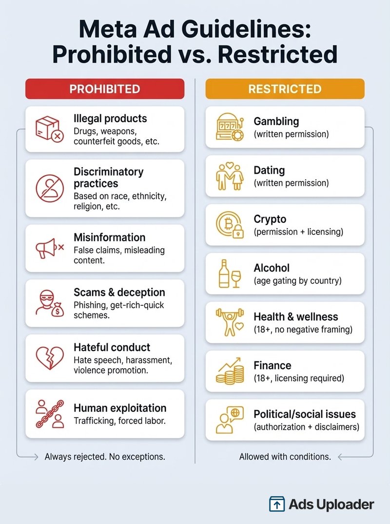 Comparison chart showing prohibited versus restricted content categories in Meta ad guidelines