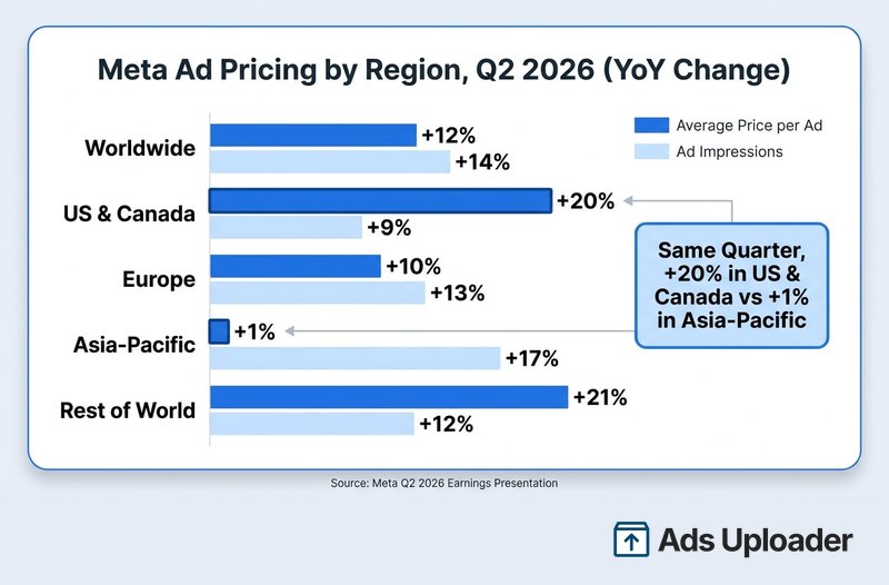 Meta average price per ad and ad impressions year over year change by region in Q2 2026, ranging from plus 1 percent in Asia-Pacific to plus 21 percent in Rest of World
