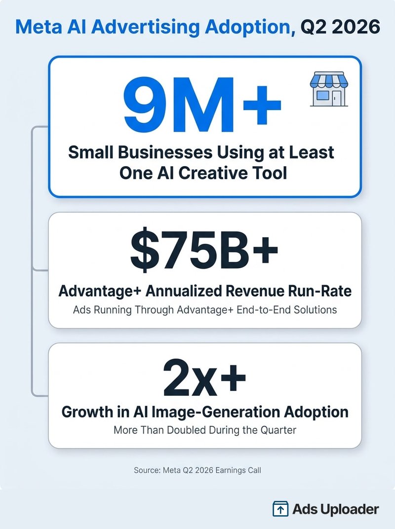 Meta AI advertising adoption statistics: over 9 million small businesses using an AI creative tool, Advantage Plus past 75 billion dollars annualized run rate, AI image generation adoption more than doubled in Q2 2026