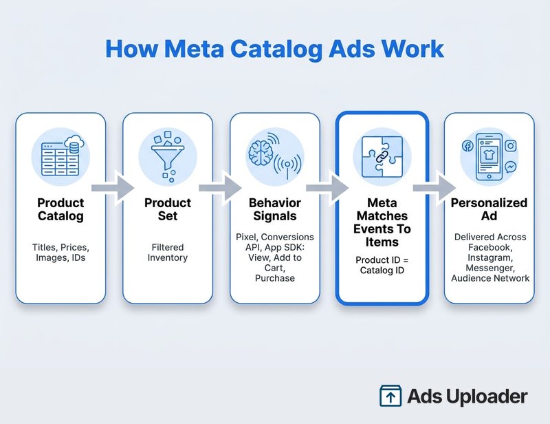 Five-stage flow showing a product catalog and product set combined with Pixel and Conversions API signals, matched by product ID, then delivered as a personalized catalog ad across Meta placements