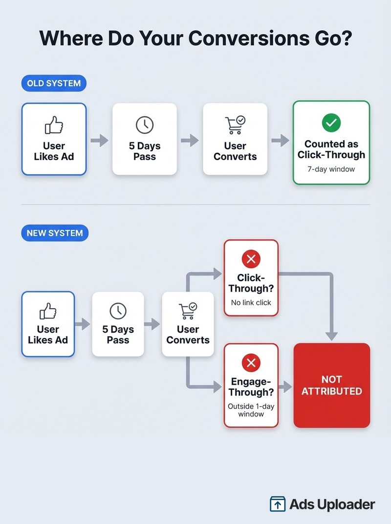 Flowchart showing how conversions from non-link clicks at day 2-7 vanish under Meta's new attribution. They don't qualify for click-through or engage-through