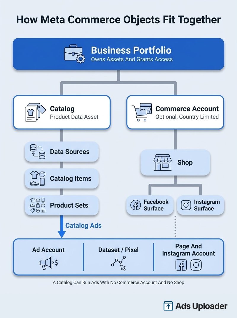 Meta Commerce Manager object model showing business portfolio containing catalogs, product sets, data sources, commerce account and shop