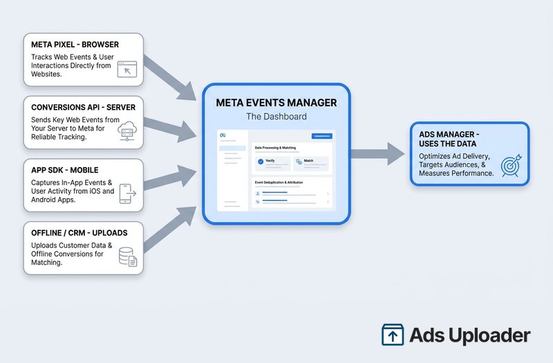 Diagram of Meta Events Manager as a central dashboard receiving events from the Meta Pixel, Conversions API, app SDK, and offline uploads, then feeding that data to Ads Manager