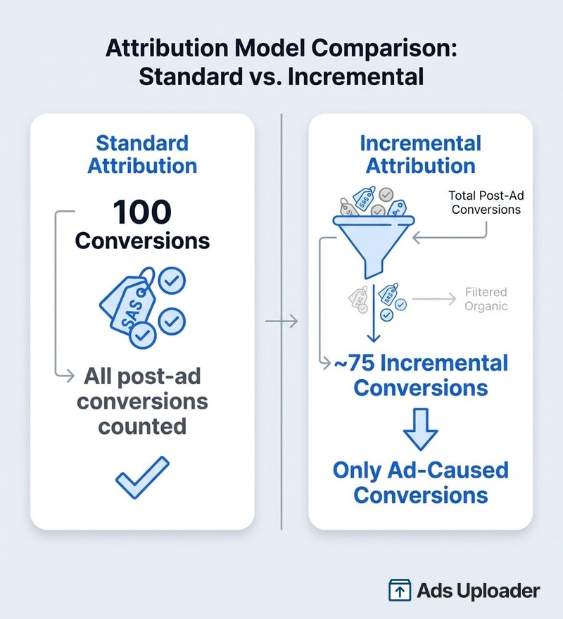Comparison showing standard attribution counting all 100 conversions versus incremental attribution filtering to show only ad-caused conversions