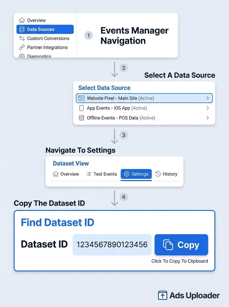 Four-step path in Meta Events Manager moving from Data Sources in the left menu to the selected dataset, the Settings tab, and the Dataset ID field highlighted with a copy button.