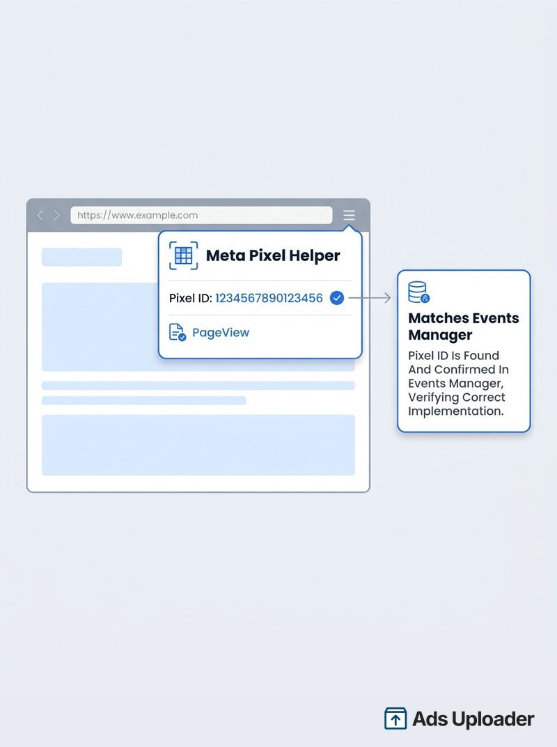 Meta Pixel Helper panel on a live webpage surfacing a Pixel ID and a PageView event, with a checkmark confirming the ID matches Events Manager.