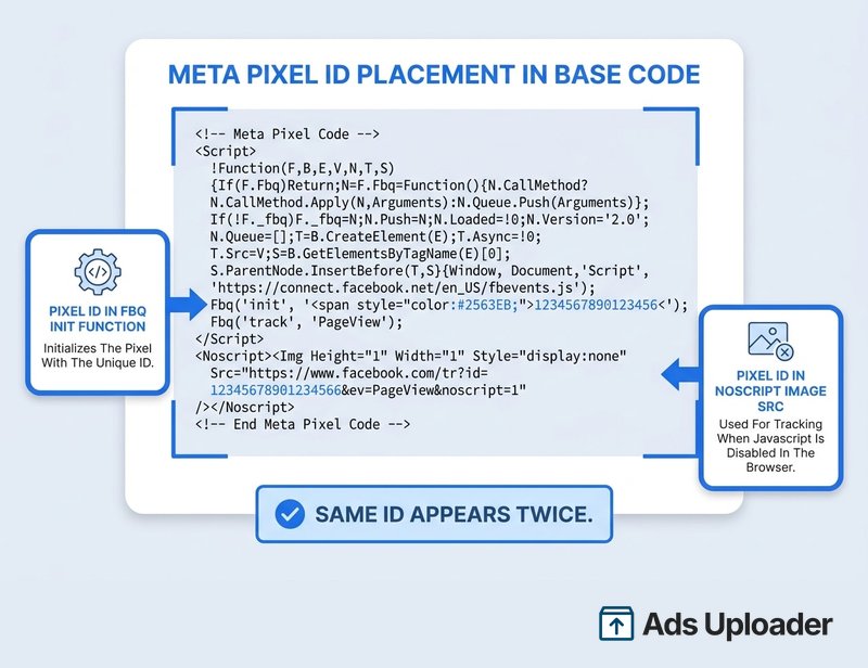 Annotated Meta Pixel base code snippet with two callouts highlighting the Pixel ID where it appears twice, once in the fbq init line and once in the noscript image id parameter.