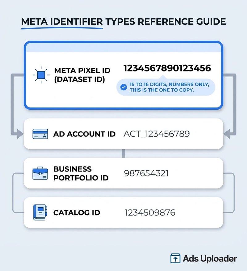 Comparison card showing a Meta Pixel ID as a 15 to 16 digit number highlighted next to an ad account ID, a business portfolio ID, and a catalog ID, with the Pixel ID marked as the one to copy.