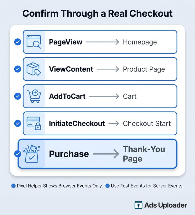 Shopify Meta Pixel verification checklist showing five events to confirm through a real checkout: PageView, ViewContent, AddToCart, InitiateCheckout, and Purchase.