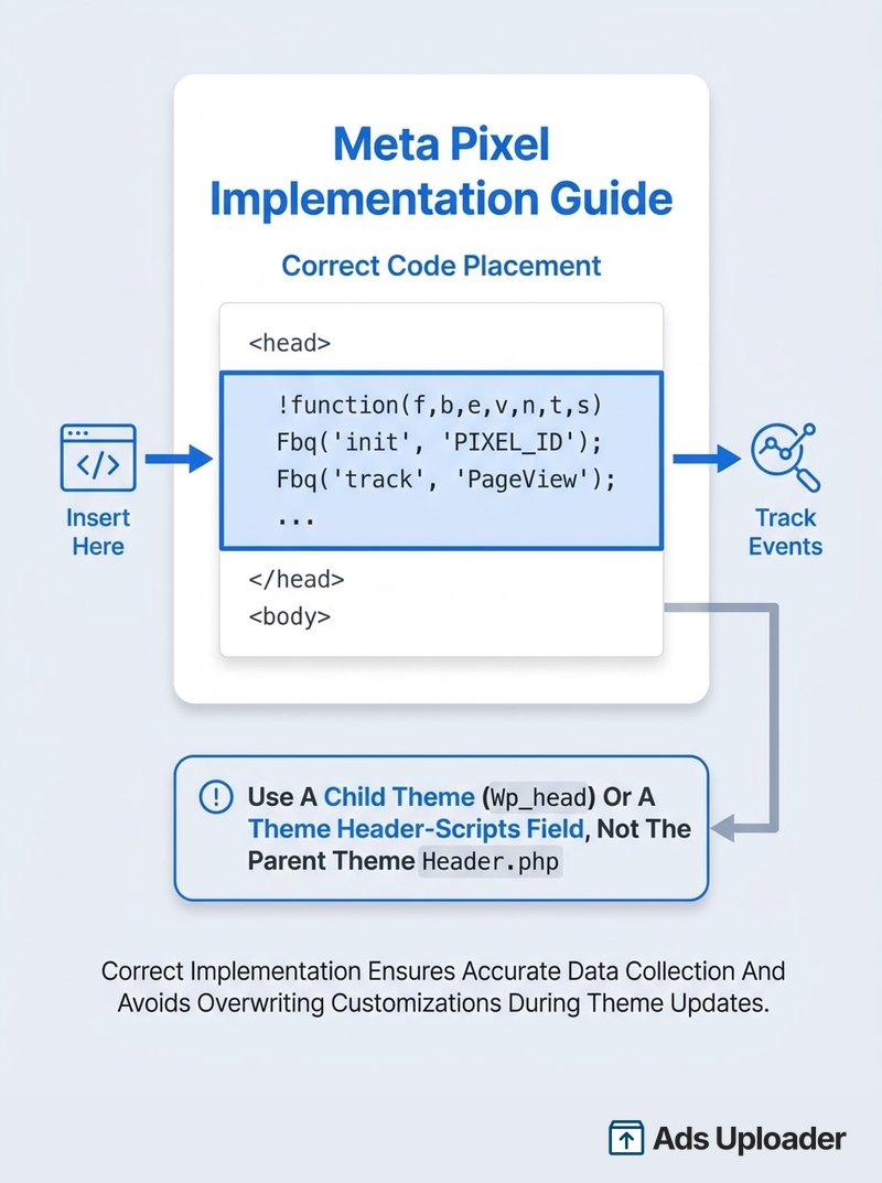 Code illustration showing the Meta Pixel base code placed inside the head tags of an HTML document, with a note to use a child theme rather than the parent theme header file.