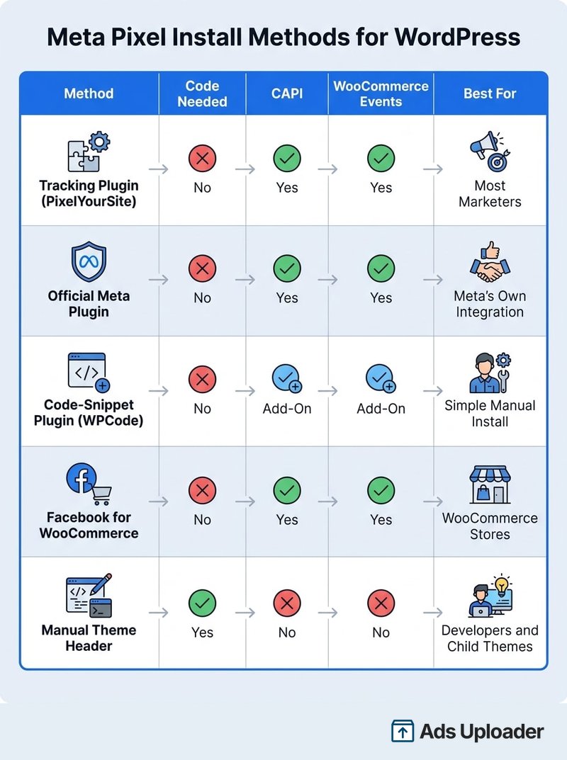 Comparison table of five ways to add the Meta Pixel to WordPress, showing code, CAPI, WooCommerce events, and best use for each method.