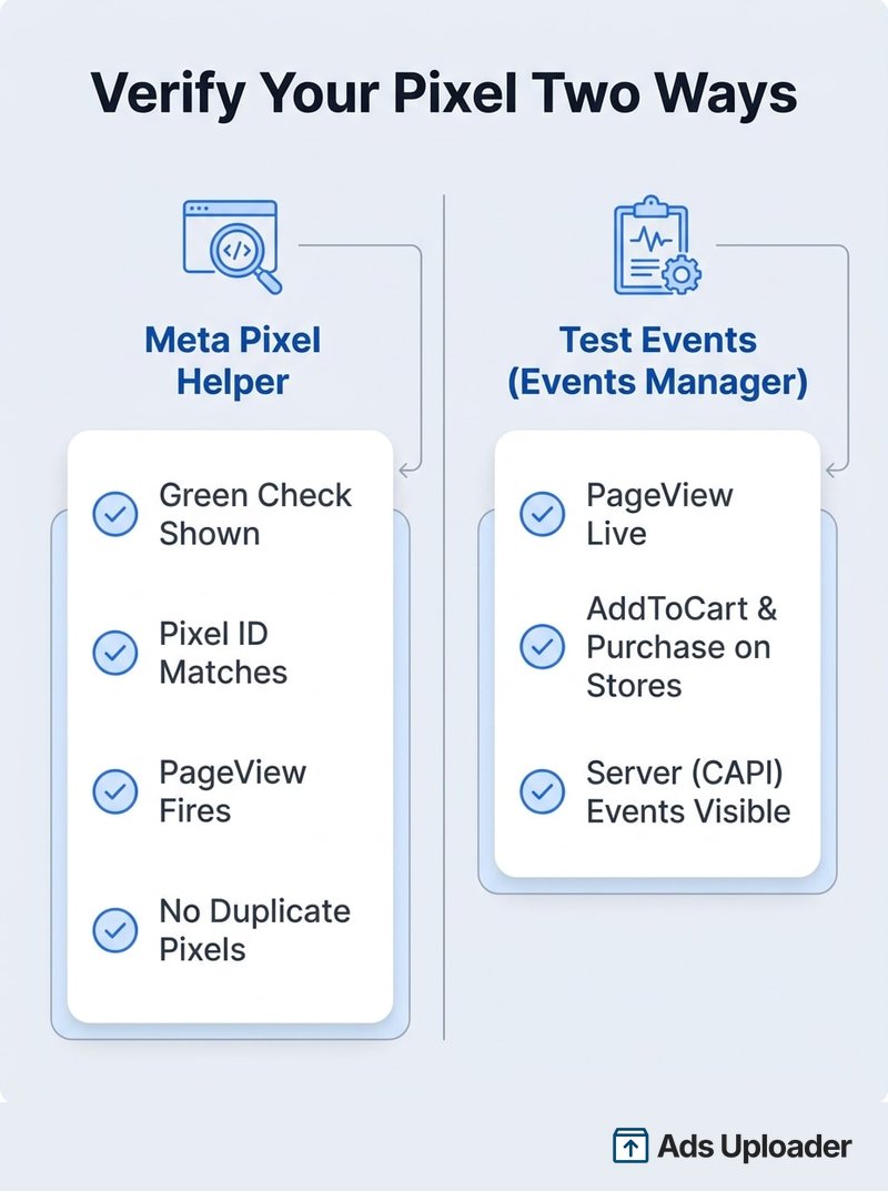Two-column verification checklist comparing what the Meta Pixel Helper extension confirms versus what the Test Events tool in Events Manager confirms.