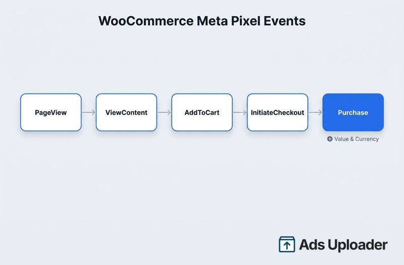Horizontal funnel diagram of WooCommerce Meta Pixel events from PageView through ViewContent, AddToCart, and InitiateCheckout to Purchase with value.