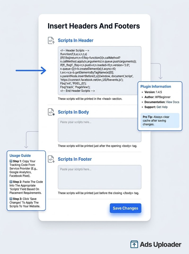 Illustration of the WPCode Insert Headers and Footers screen with the Meta Pixel base code pasted into the Header field and a Save button highlighted.