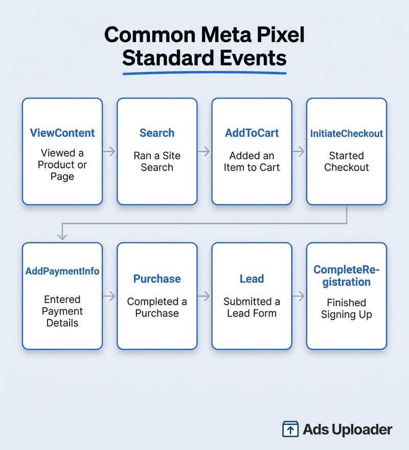 Grid of common Meta Pixel standard events including ViewContent, Search, AddToCart, InitiateCheckout, AddPaymentInfo, Purchase, Lead, and CompleteRegistration with a short description of each
