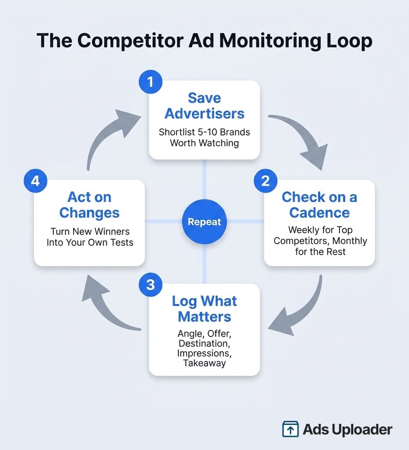 Competitor Facebook ad monitoring loop: save advertisers, check on a cadence, log angles and offers, act on changes with your own tests