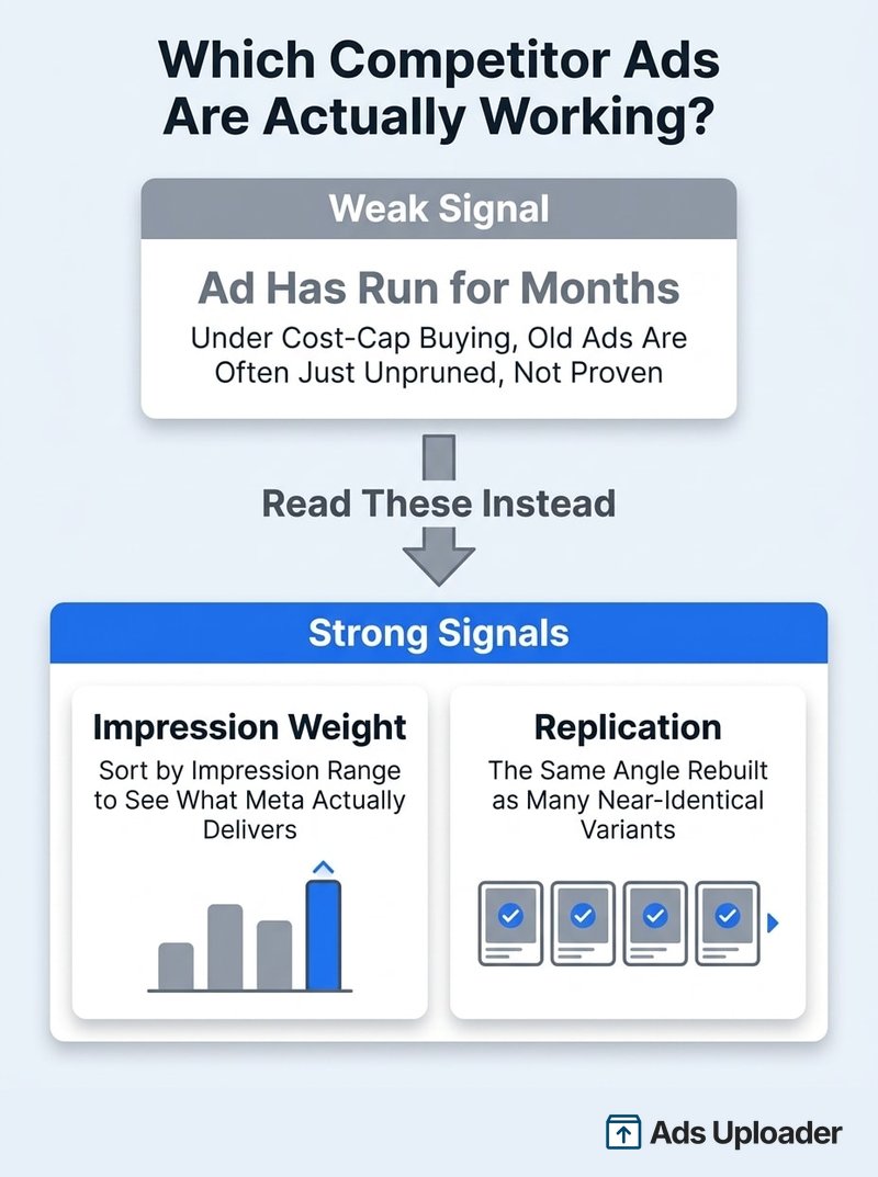 Ad age is a weak signal of competitor Facebook ad performance; impression weight and creative replication are the strong signals to read