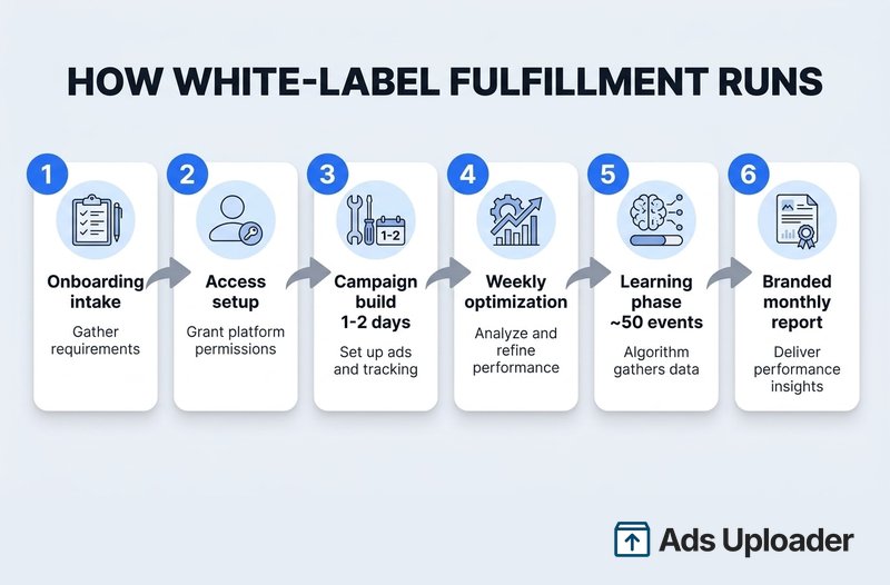 White label Facebook ads fulfillment pipeline from onboarding intake to monthly branded report