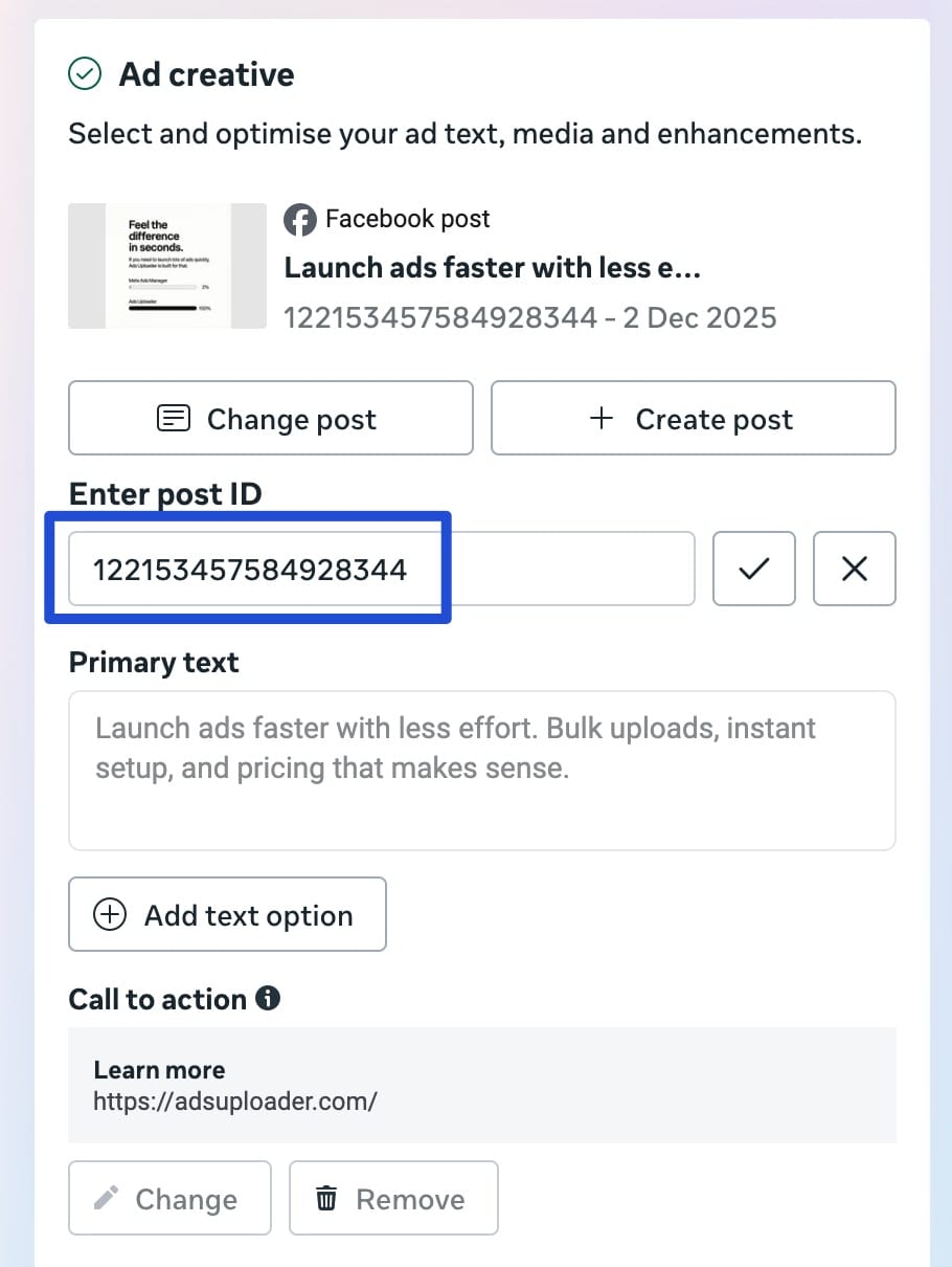 Meta Ads Manager Use Existing Post field showing where to enter Facebook post ID